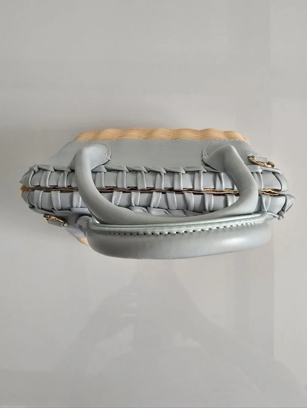 Woven Rattan Bag with Light Blue Trim